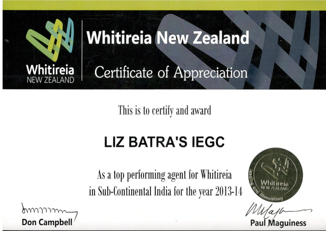 Whitireia Certificate of Appreciation and Award-2013-2014