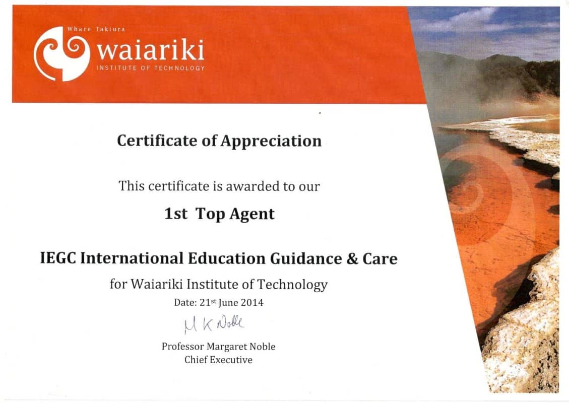 Waiariki Certificate of Appreciation and Award-2014